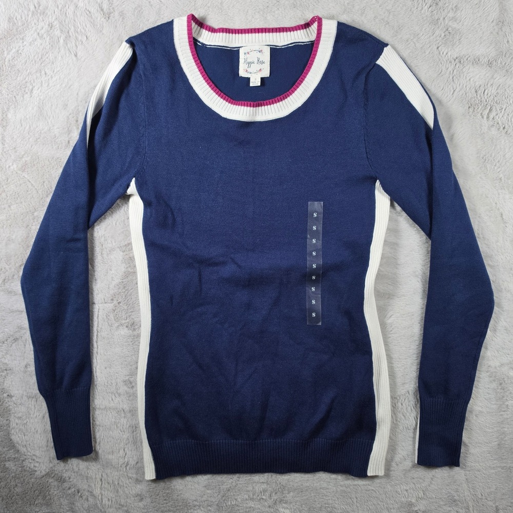 Hippie Rose Pullover Sweater‎ Womens Small Blue White Striped Sporty Preppy Crew